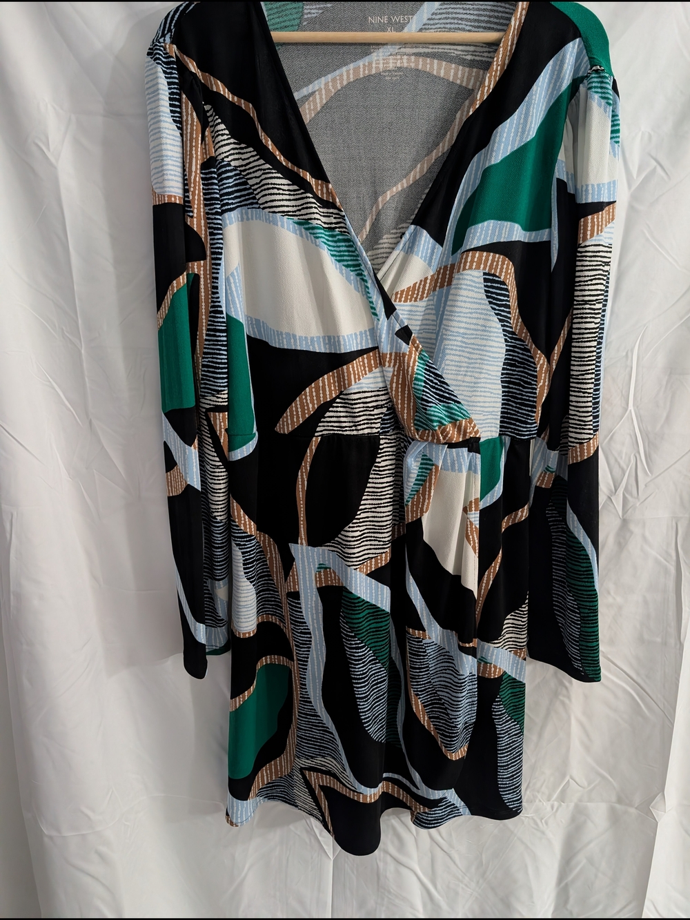 Nine West Abstract Print Wrap Dress in Black, Green & Blue